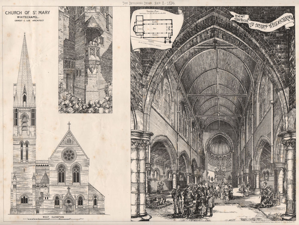 Church of St. Mary, Whitechapel; Ernest C. Lee, Architect. London 1876 print